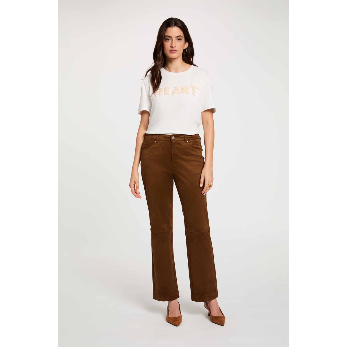 Pantalon droit suédine marron chocolat, MORGAN