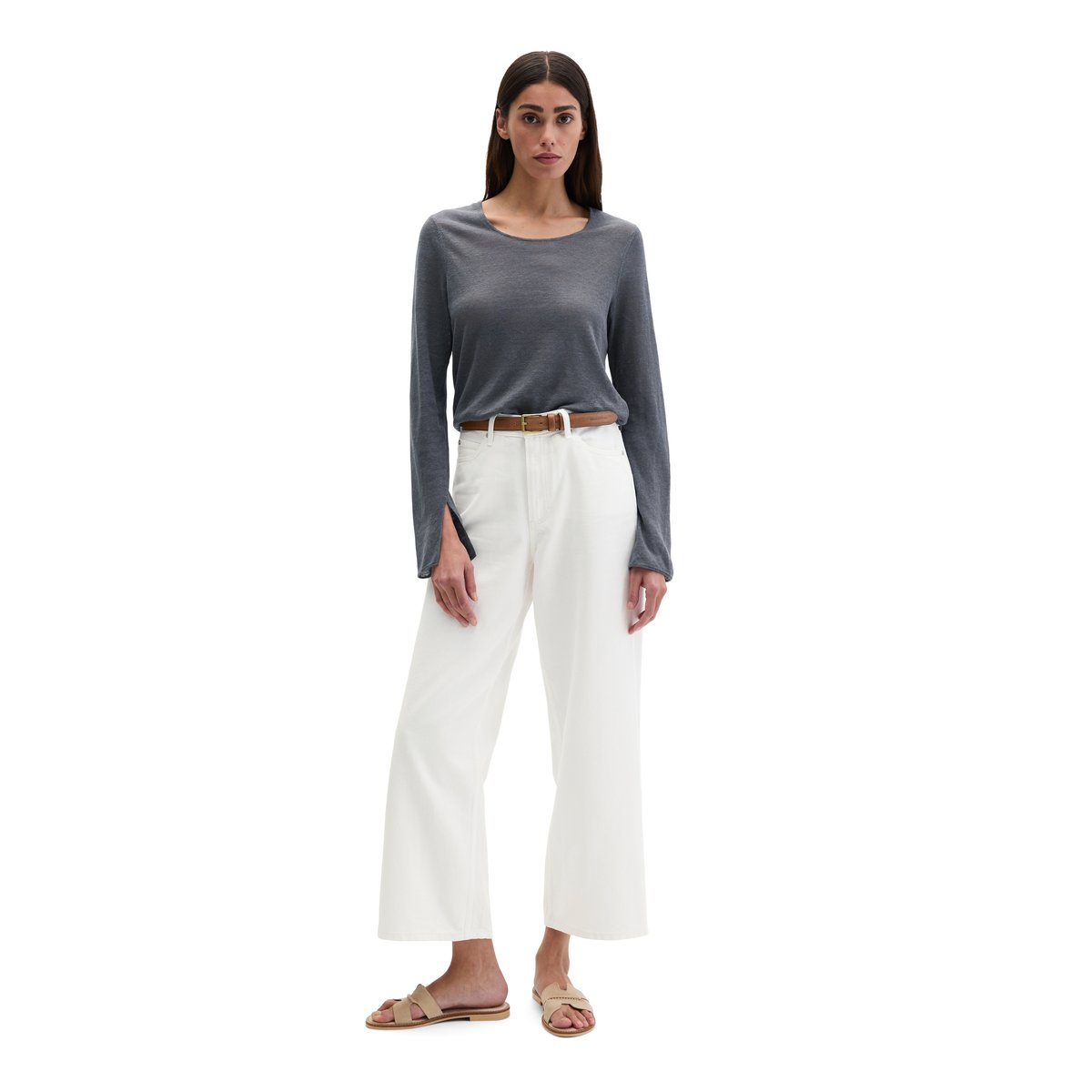 Pull en lin regular avec encolure ronde gris foncé, MARC O'POLO