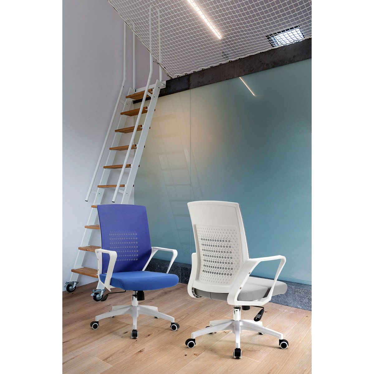 Fauteuil de bureau à roulettes en tissu, LUCA bleu-blanc, HISPANOHOGAR