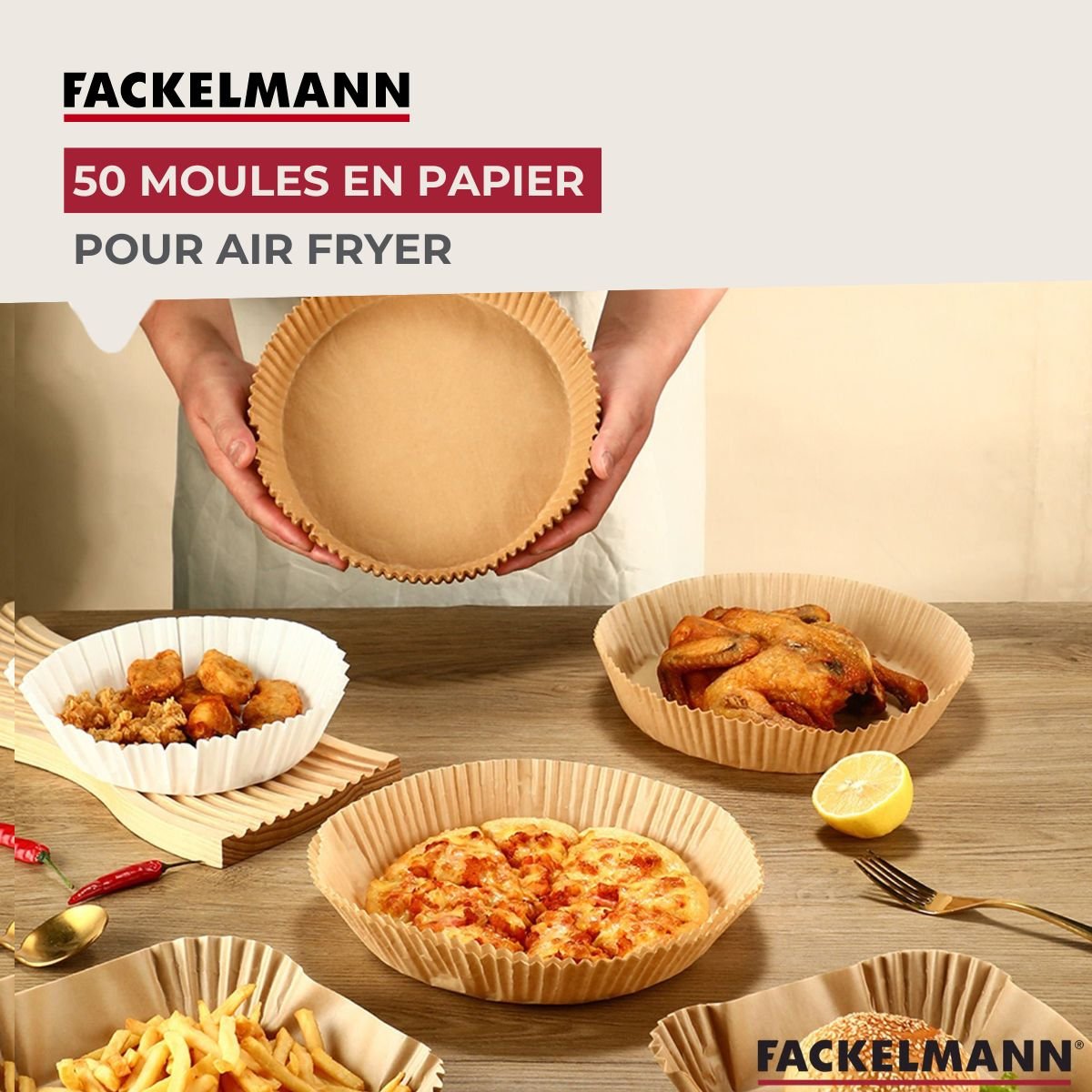 50 Moules en papier air fryer ronds 20 cm brun, FACKELMANN