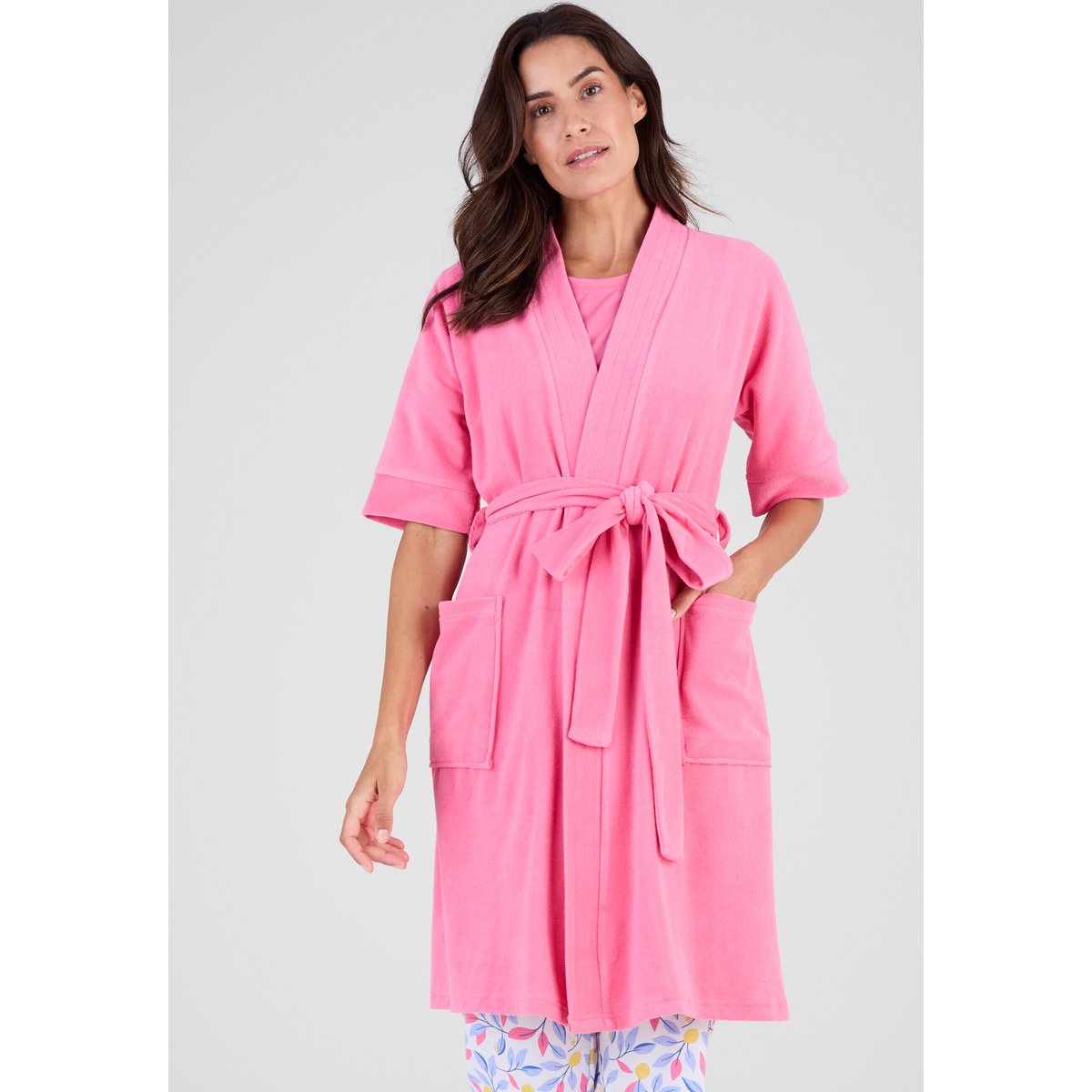 Robe de chambre forme kimono, maille bouclette rose, DAMART