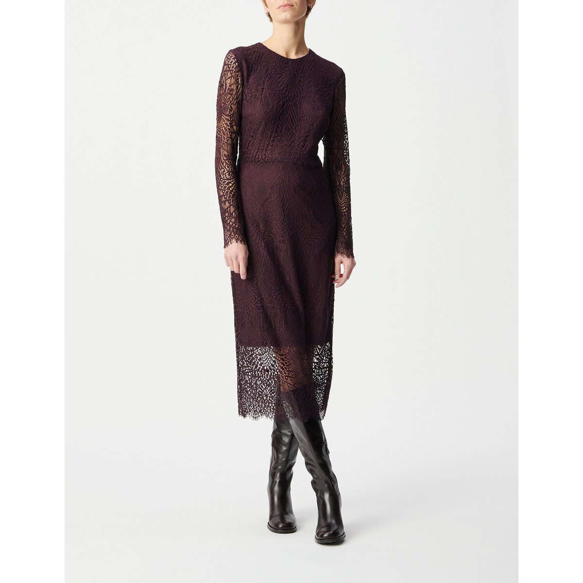 Abito in pizzo a maniche lunghe con scollo rotondo vinaccia, IKKS