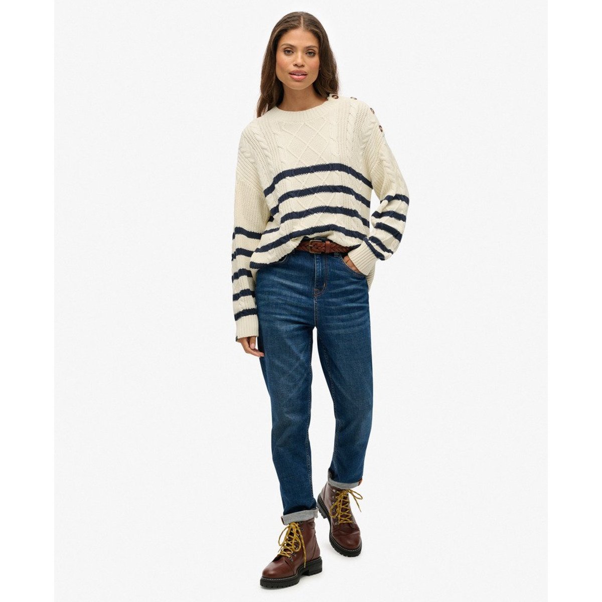 Pull torsadé à col rond rayures bleu marine profond et blanc cassé, SUPERDRY