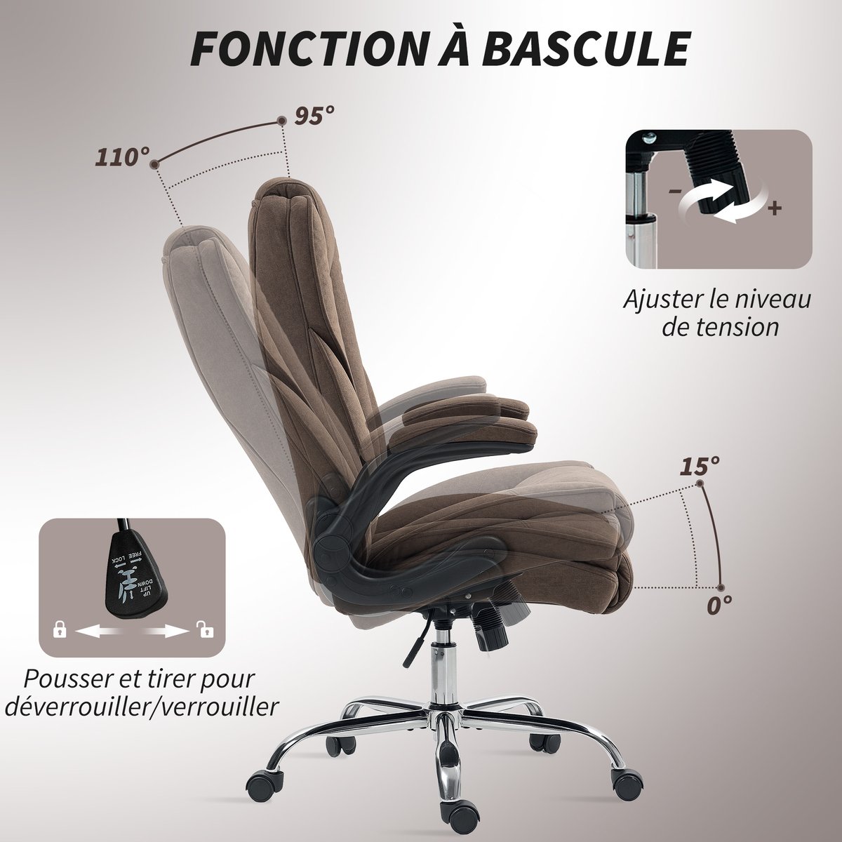 Chaise de bureau Velours (100 % polyester) marron, HOMCOM