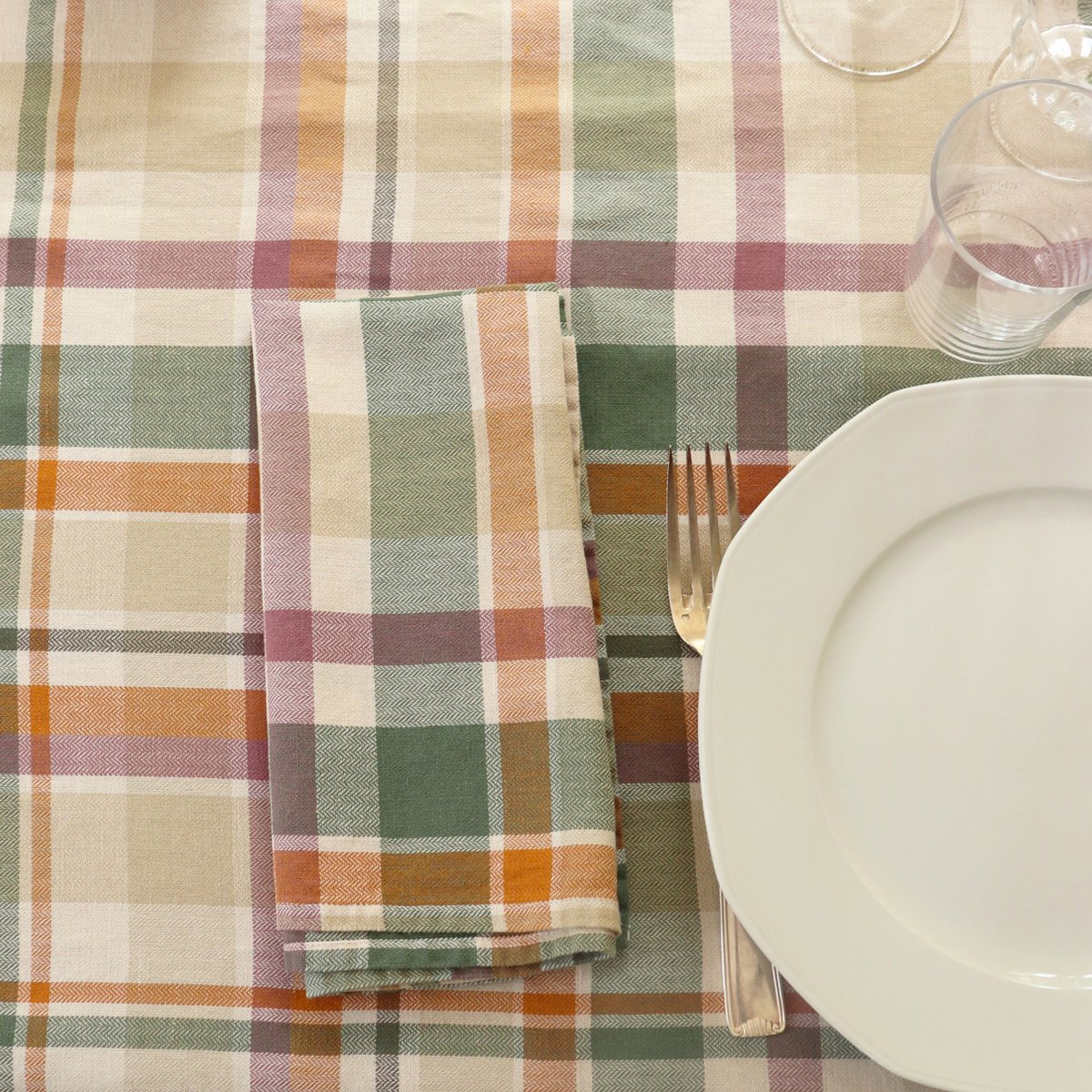 Serviette de table en métis lin et coton, PASSION MADRAS curcuma, BLANC CERISE