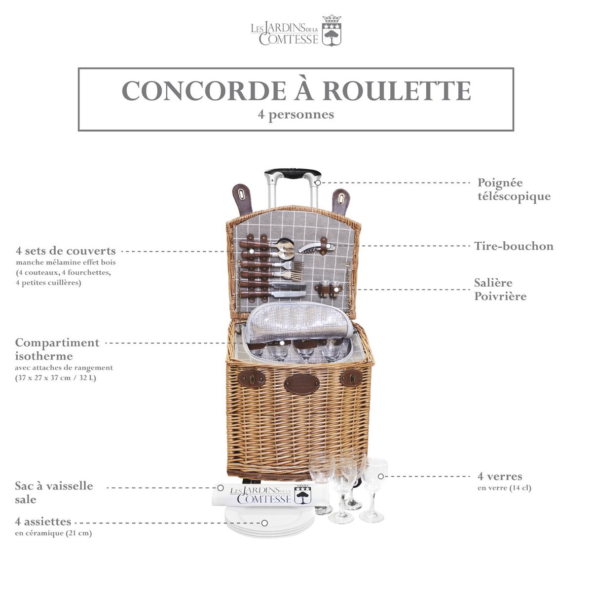 Panier pique-nique à roulettes Concorde - 4 Personnes gris, LES JARDINS DE LA COMTESSE