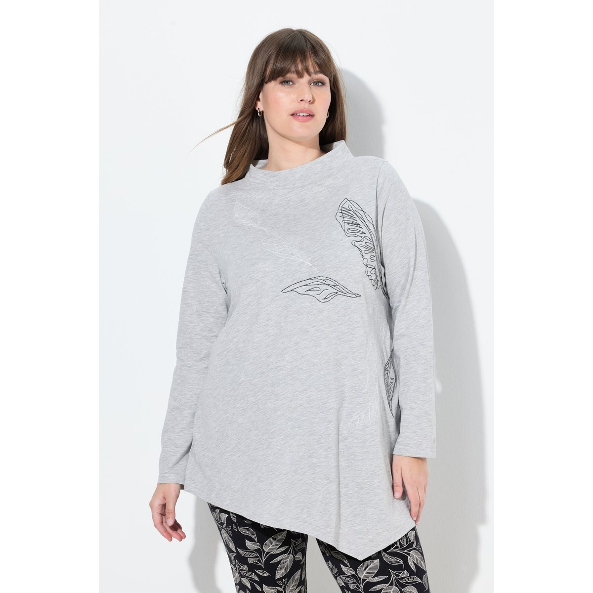 T-shirt long à col montant et manches gris chiné, ULLA POPKEN