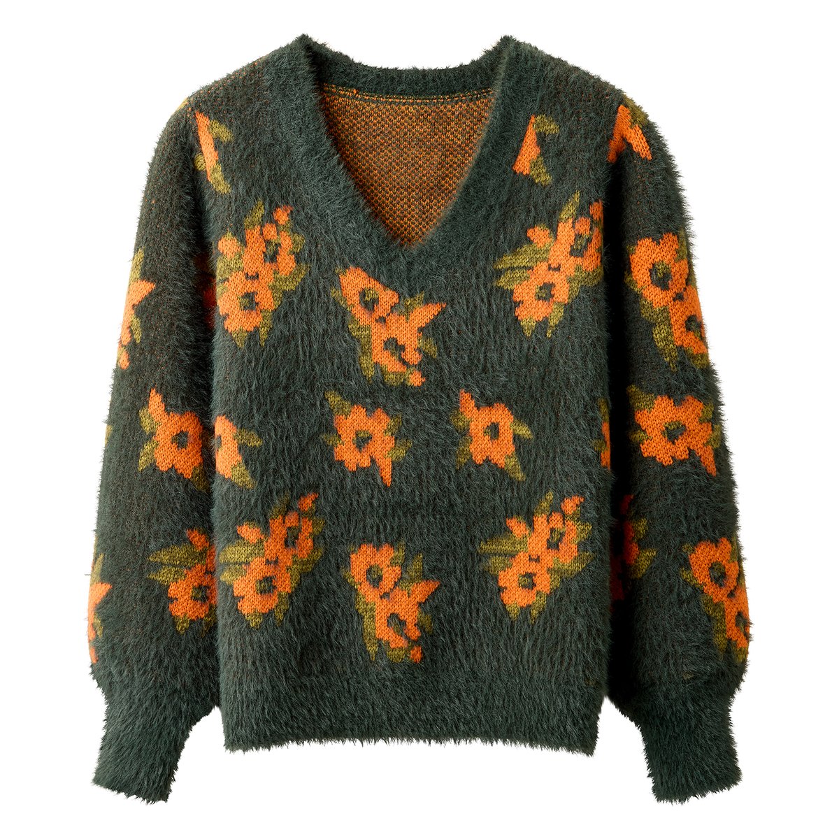 Pull Duveteux Col V Fleurs d'Automne vert, JOE BROWNS