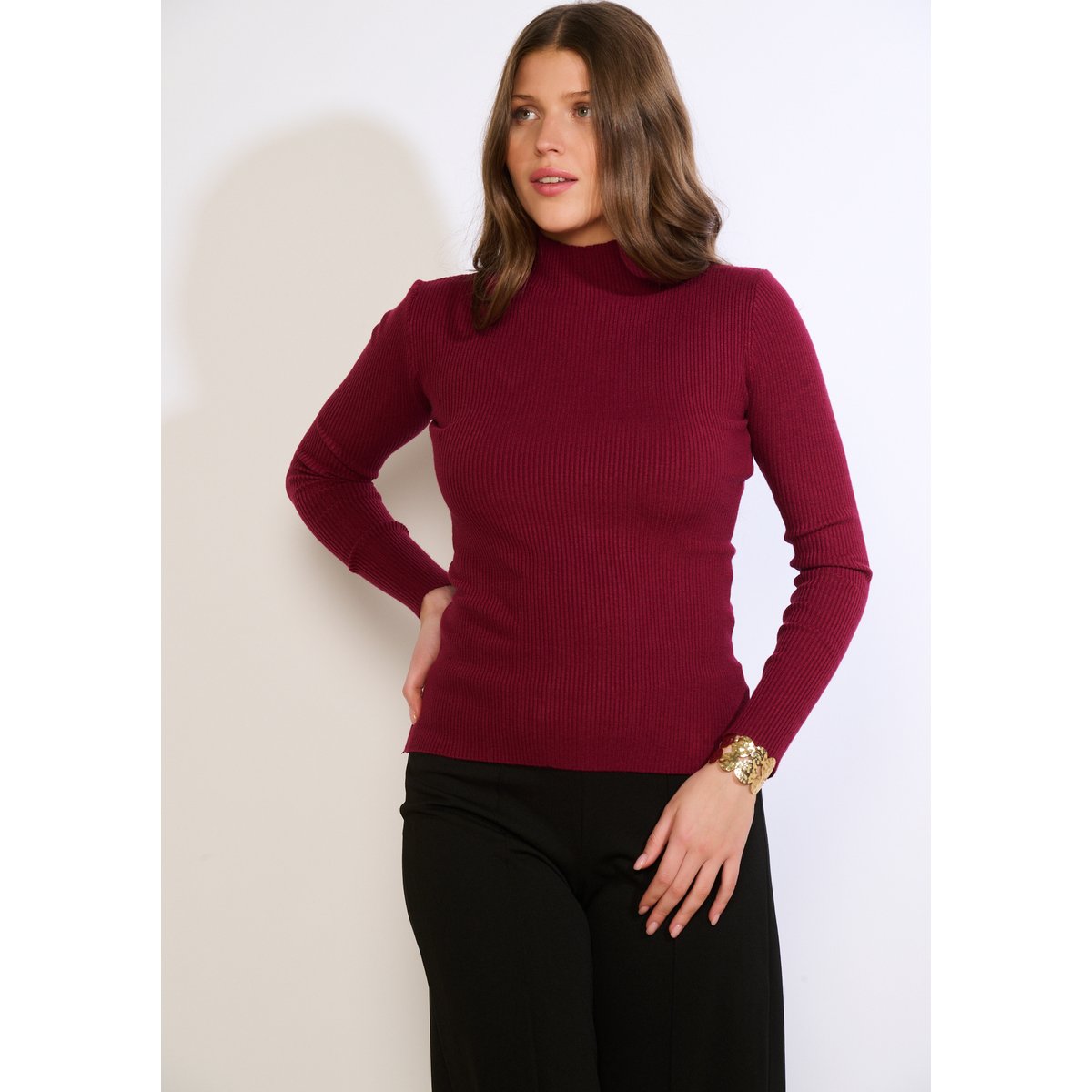Pull côtelé col montant bordeaux wine, LOLALIZA