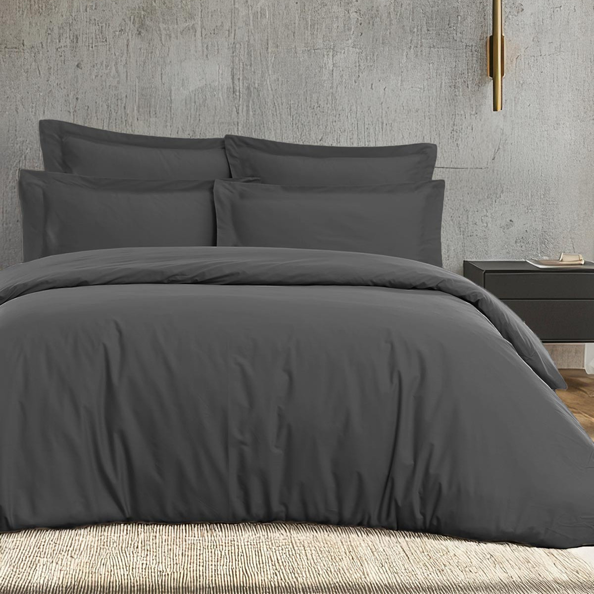 Parure housse de couette satin + 2 taies 65x65 cm VERSALUXE UNI anthracite, SENSEI MAISON