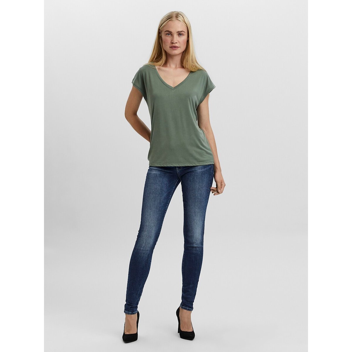 T-shirt col V manches courtes vert kaki, VERO MODA