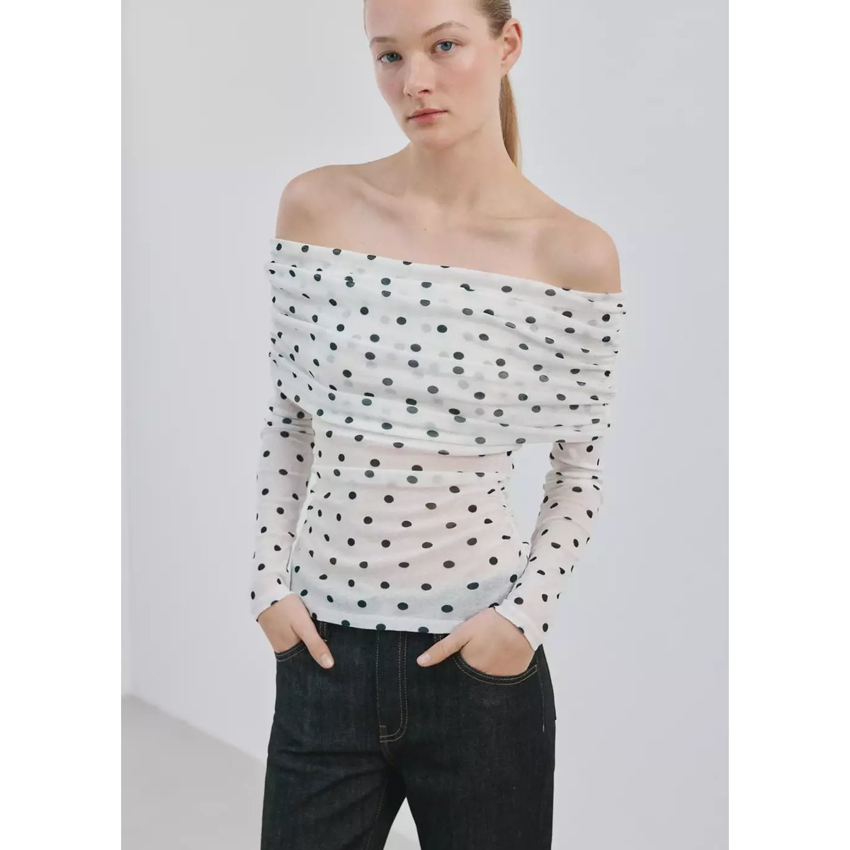 T-shirt à pois bustier blanc, MANGO