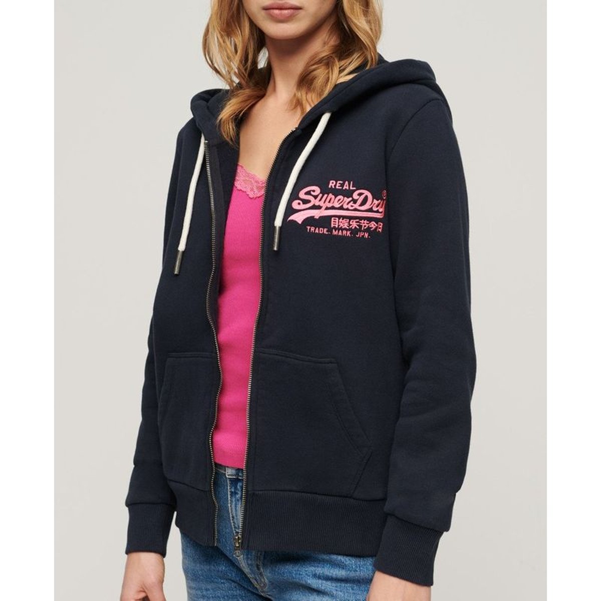 Sweat à capuche zippé à motif fluo bleu marine éclipse, SUPERDRY