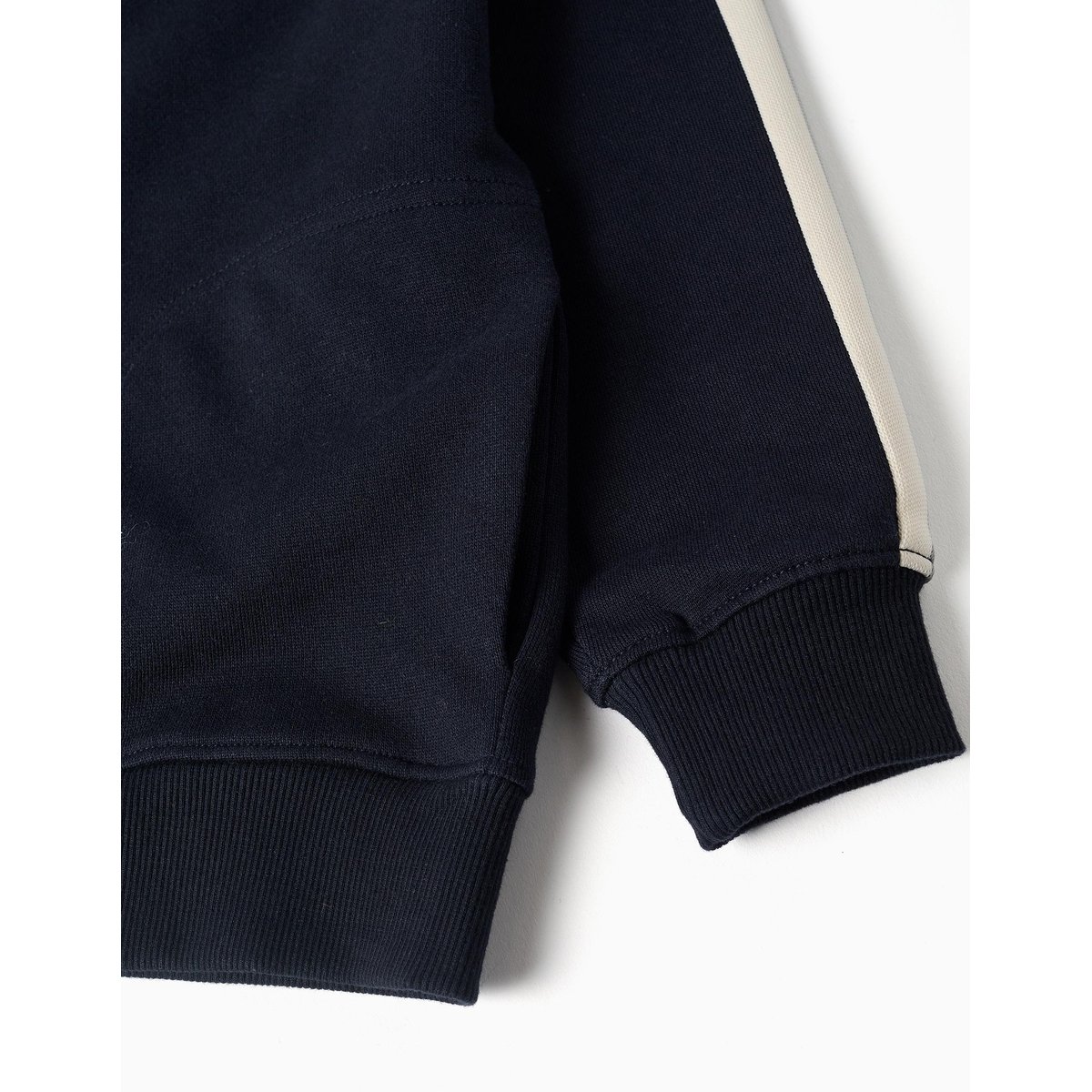 Sweat zippé en coton avec capuche et bande à rayures bleu foncé, ZIPPY