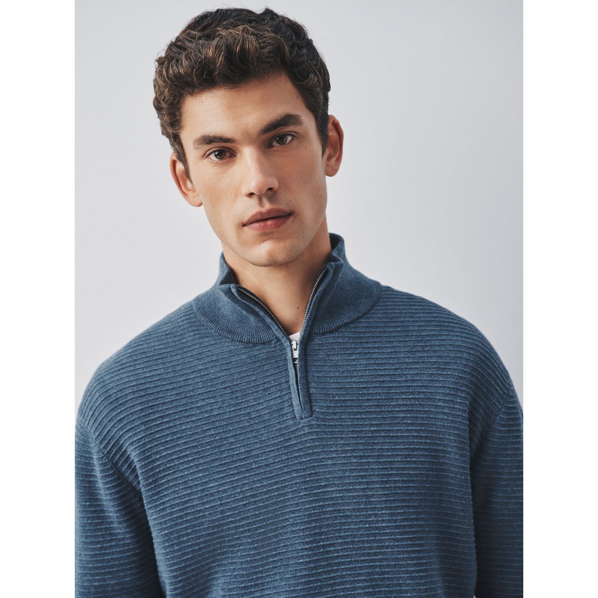 Pull texturé à col zippé bleu, NEXT