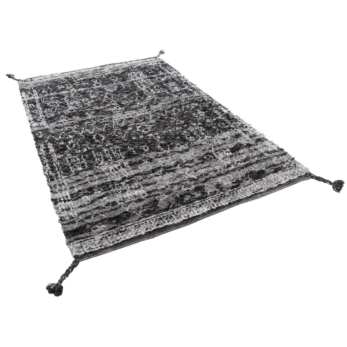 Tapis noué à la main en laine vierge viscose et polyester anthracite, THEKO