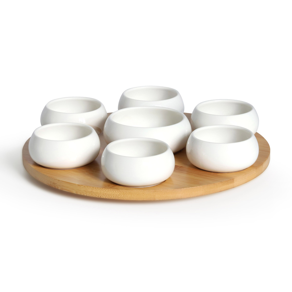 Set 7 coupelles apéritives en céramique avec plateau en bambou tournant - TAPAS blanc, MEDARD DE NOBLAT