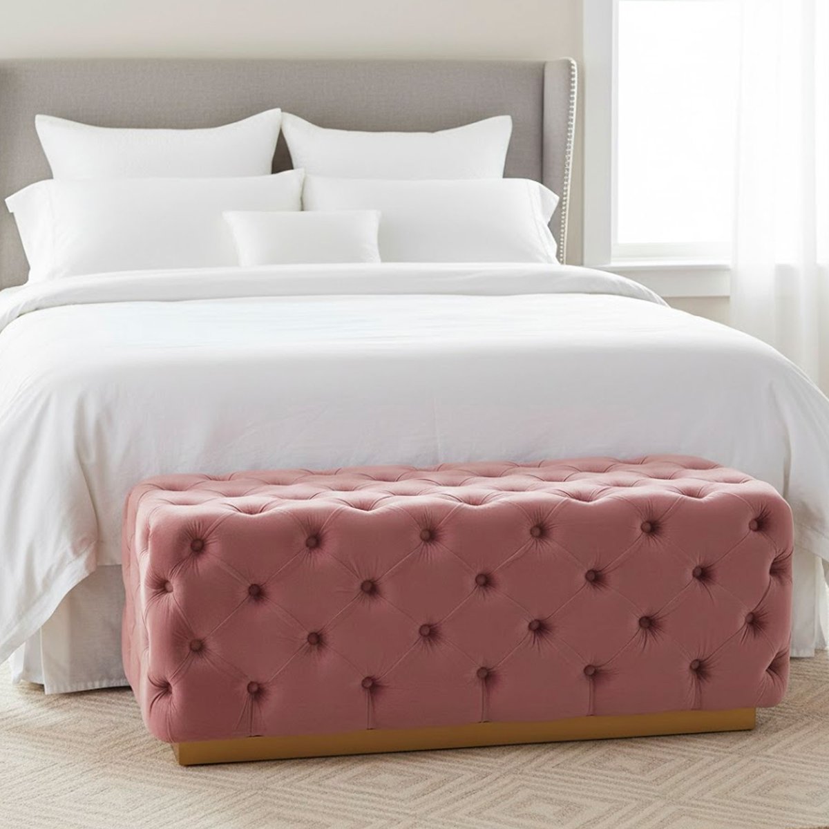 Banquette bout de lit capitonné velours rose et pied doré 125x45x47cm rose, WADIGA