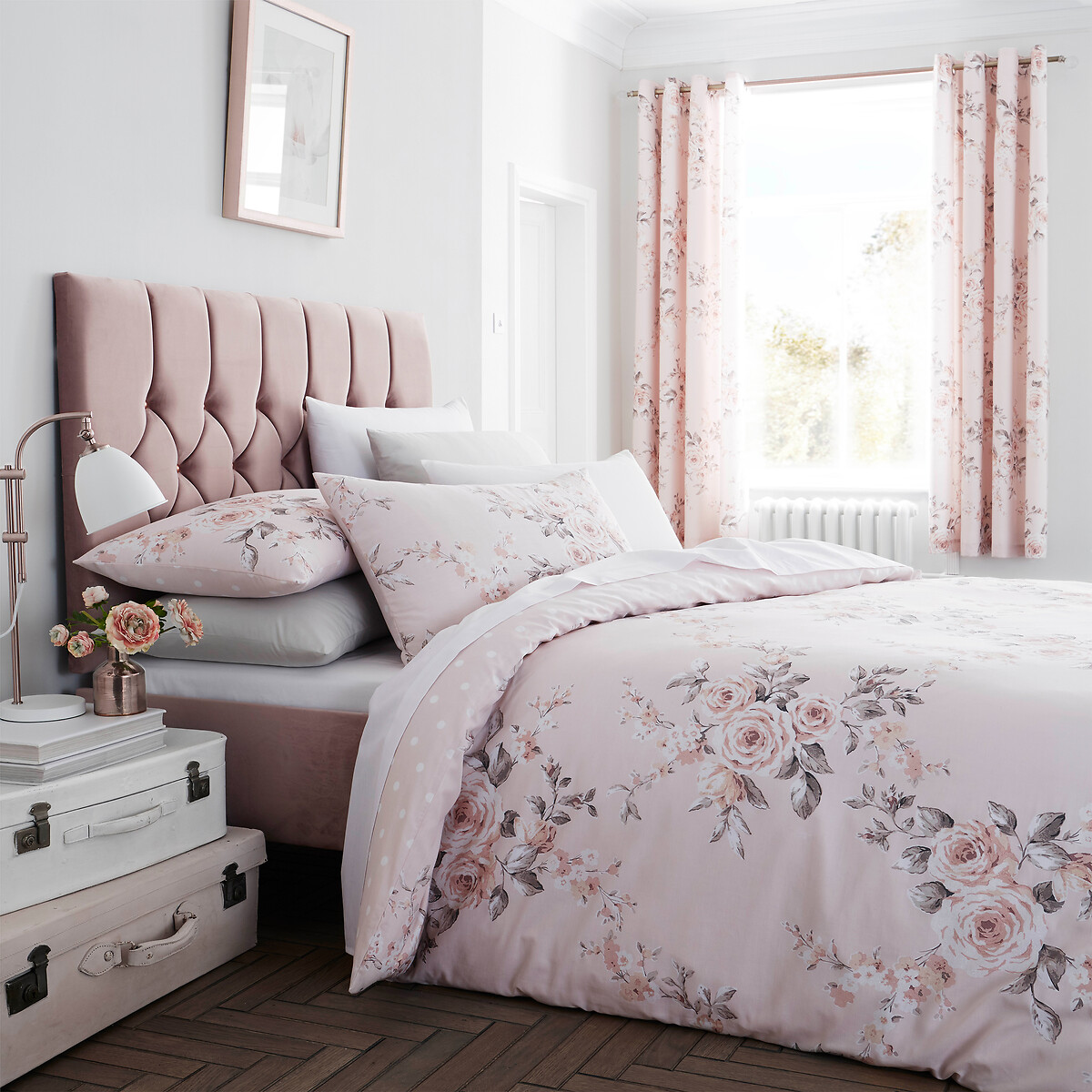 Canterbury Floral Lined Eyelet Curtains blush pink, CATHERINE LANSFIELD