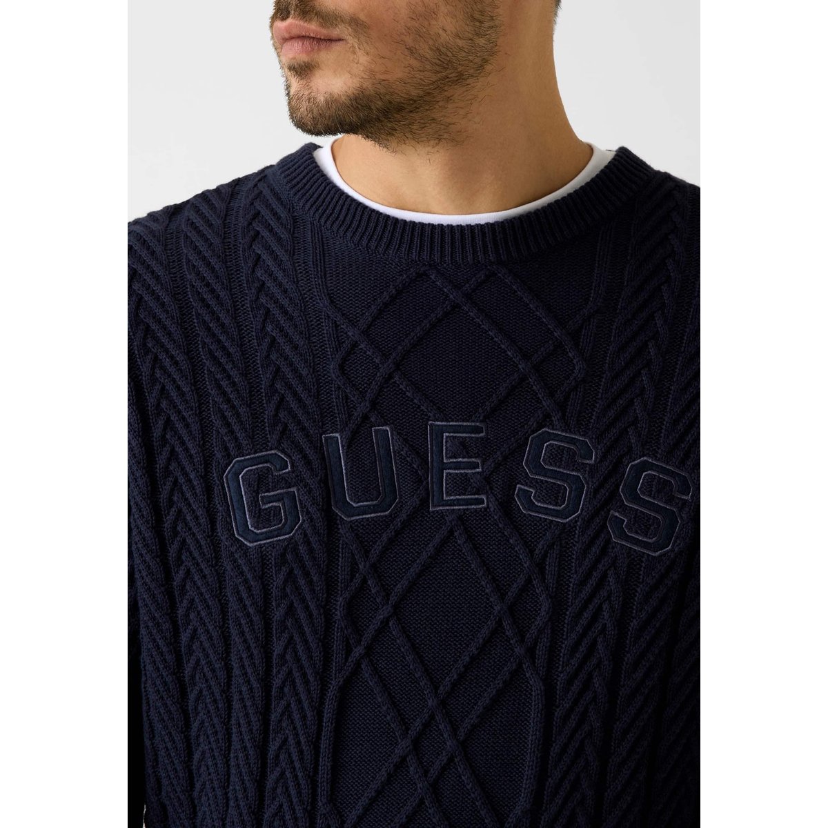 Pull En Maille Torsadée bleu foncé, GUESS