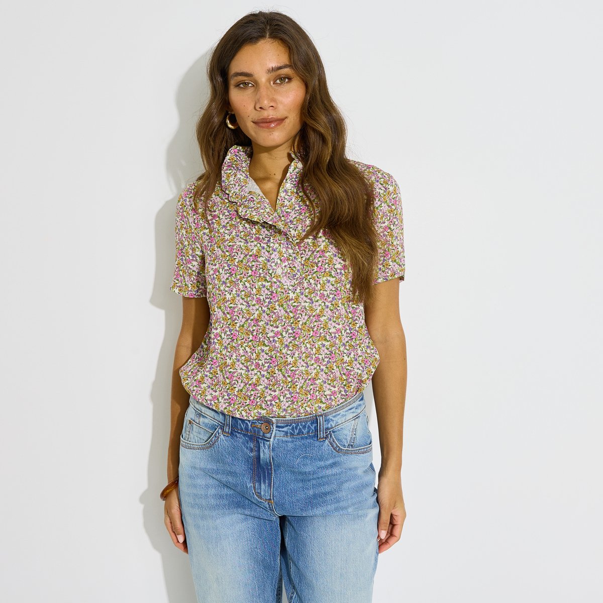 Blouse imprimé floral col volanté rose parme, GRAIN DE MALICE