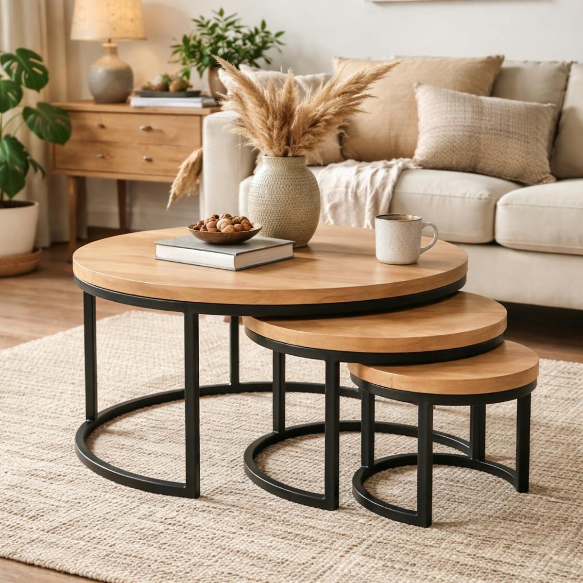 Table basse gigogne ronde en bois clair (lot de 3) RIVANO bois naturel, PIER IMPORT