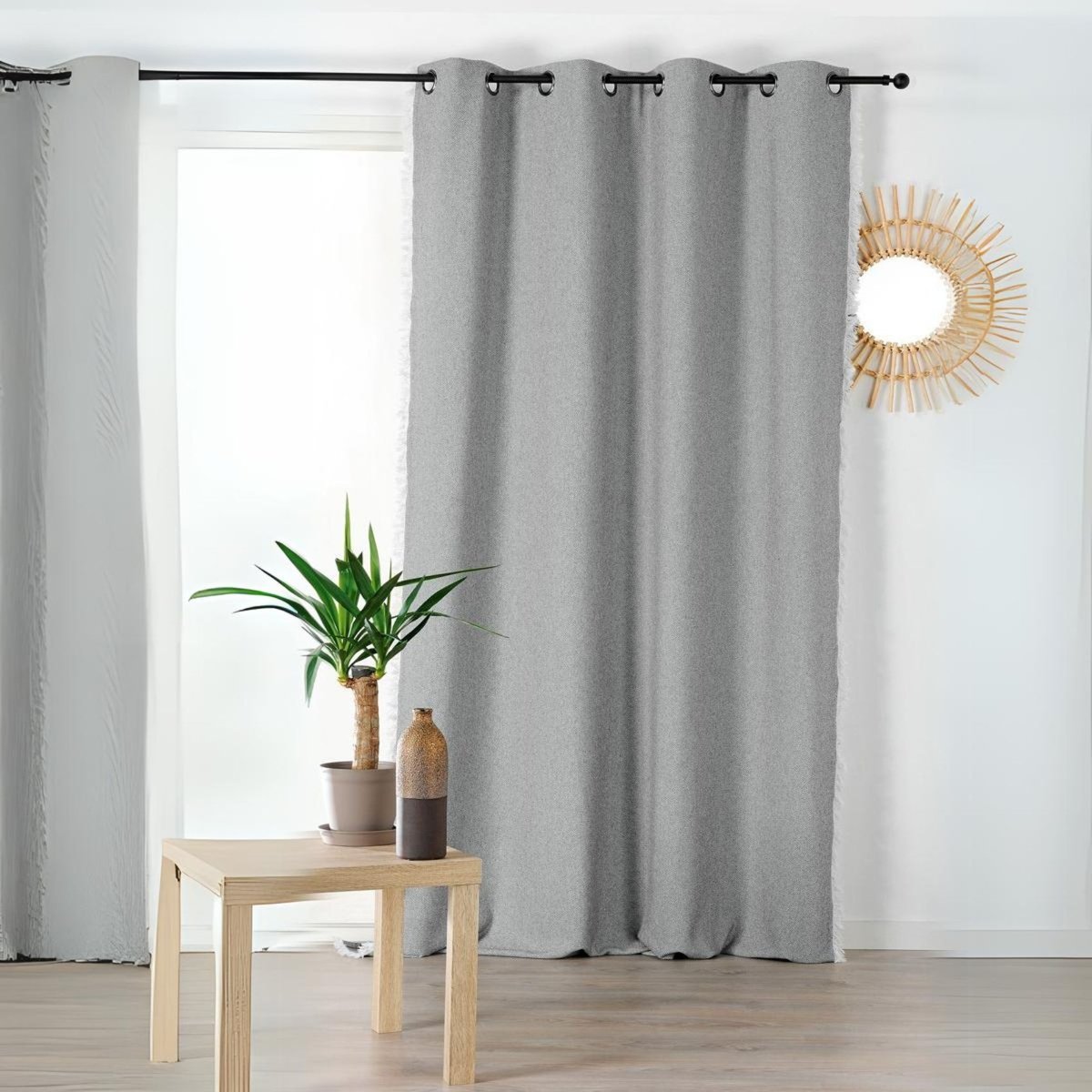 Rideau poly-laine avec franges sur les bords gris souris, LINDER