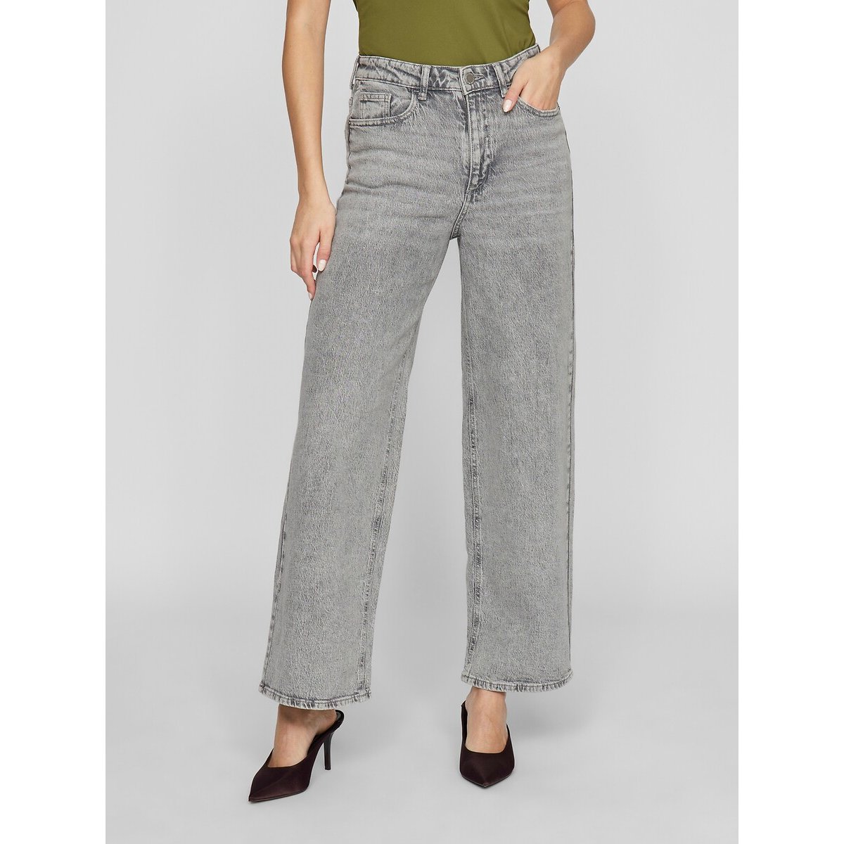 Jeans largos, cintura subida ganga cinzenta, VILA