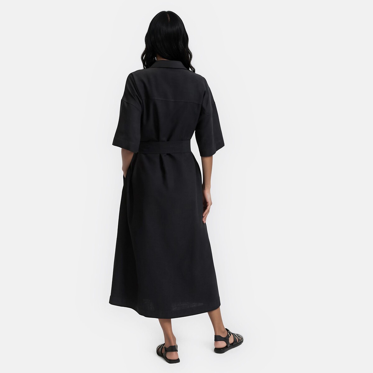 Robe chemise longue manches coudes ceinturée noir, LA REDOUTE COLLECTIONS