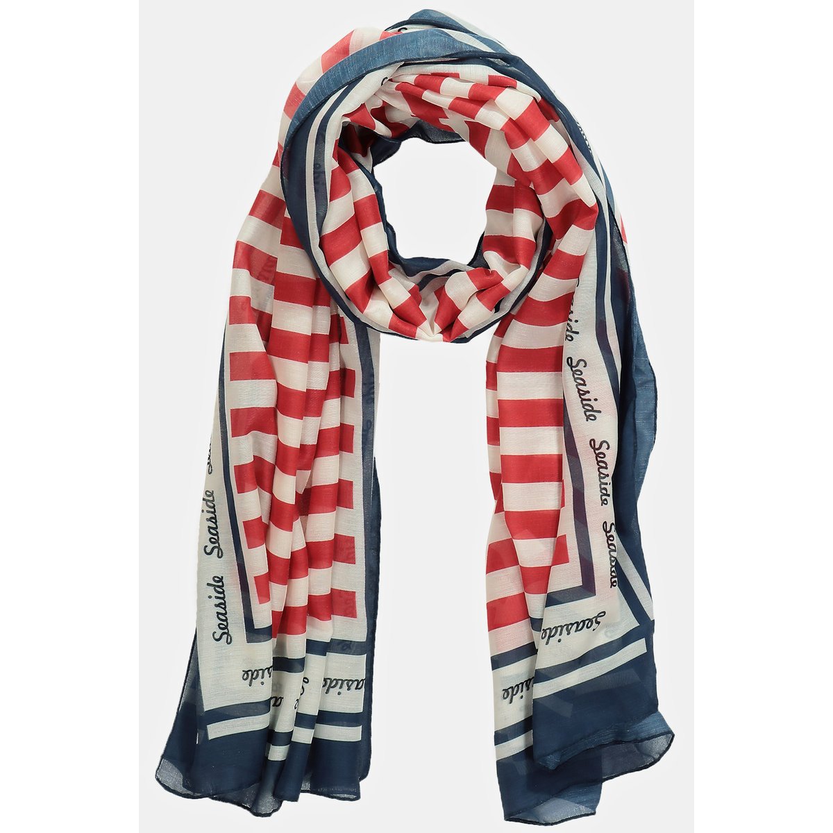Écharpe, aspect maritime, rayures, pompons blanc cassé, ULLA POPKEN