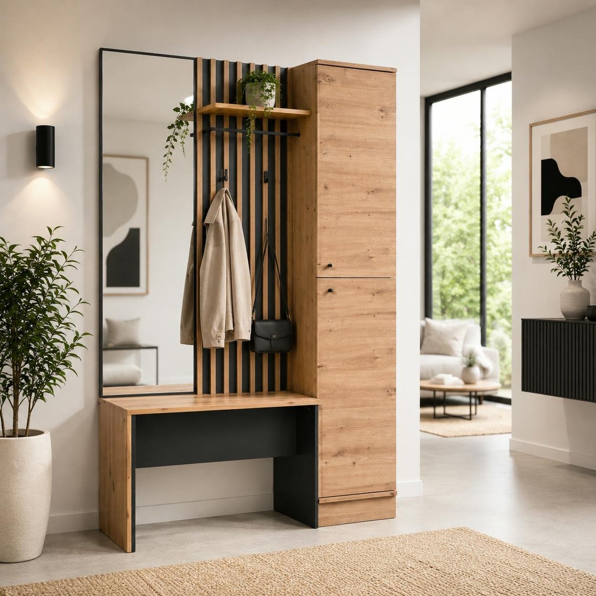Meuble d'entrée vestiaire avec banc et miroir ALVA bois / noir, PIER IMPORT