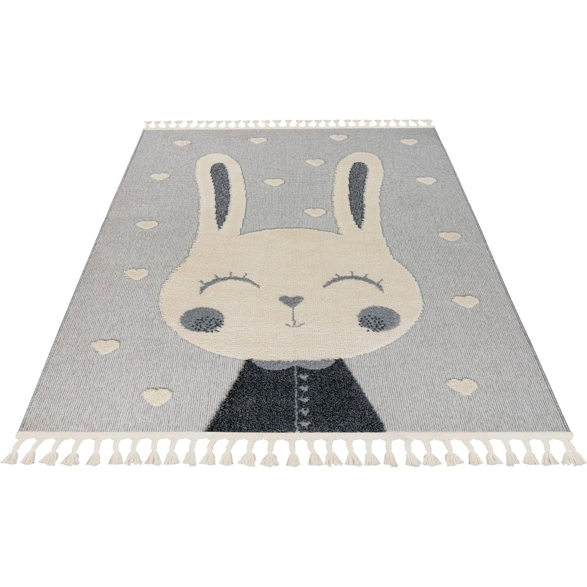 Tapis rond enfant motif lapin, Dos en jute gris clair et beige lapin, ARTE ESPINA
