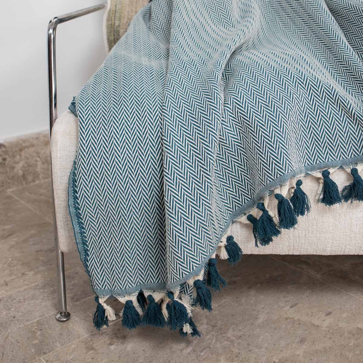 Plaid coton MEGEVE bleu pétrole, FEBRONIE