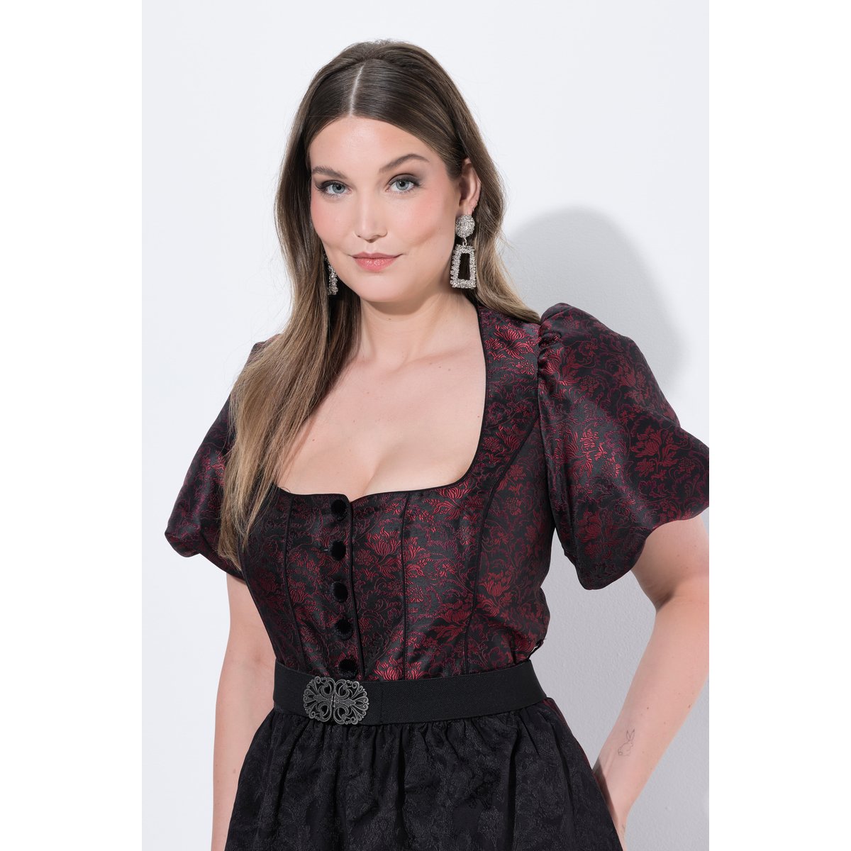 Dirndl, jacquard, col carré rouge vin foncé, ULLA POPKEN