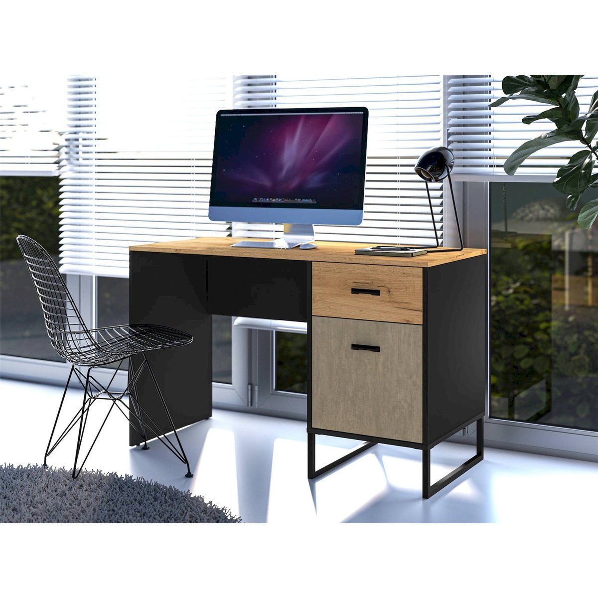 Bureau ado industriel avec rangement chêne craft doré noir et acier, RECOLLECTION