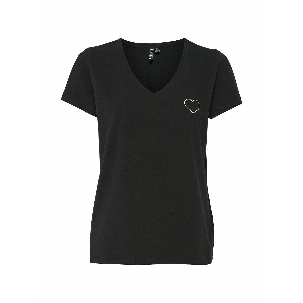 Tshirt col V, cœur brodé noir, PIECES