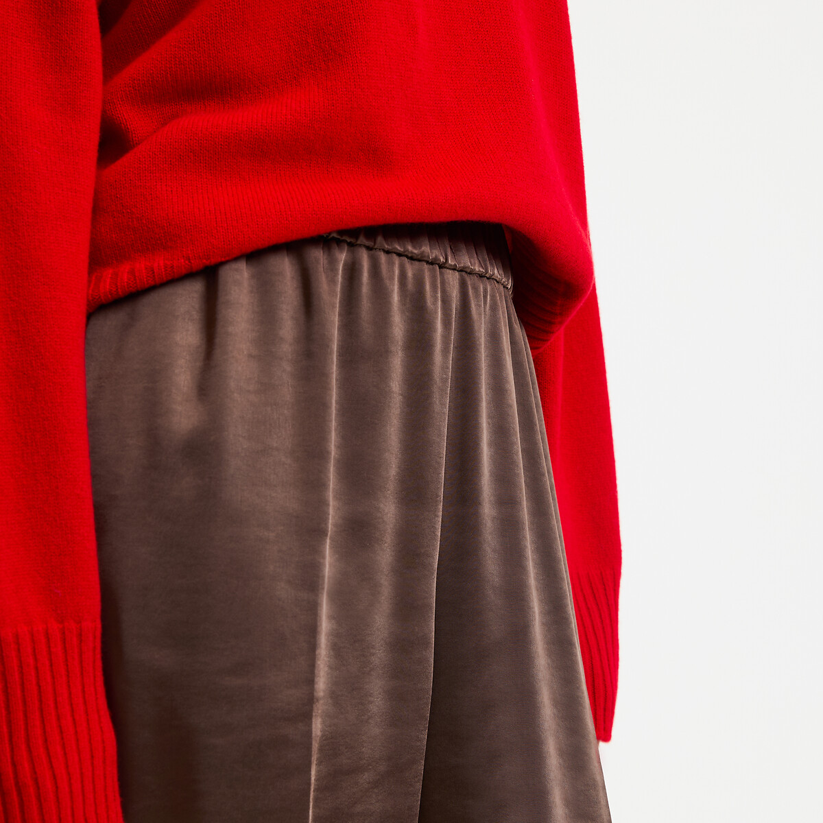 Pantaloni larghi, con elastico in vita, in raso marrone, LA REDOUTE COLLECTIONS