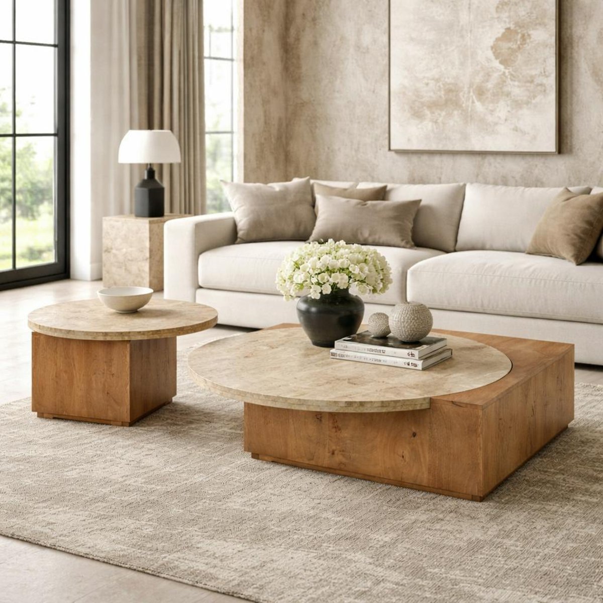 Table basse travertin et bois style design DUOMO beige, PIER IMPORT