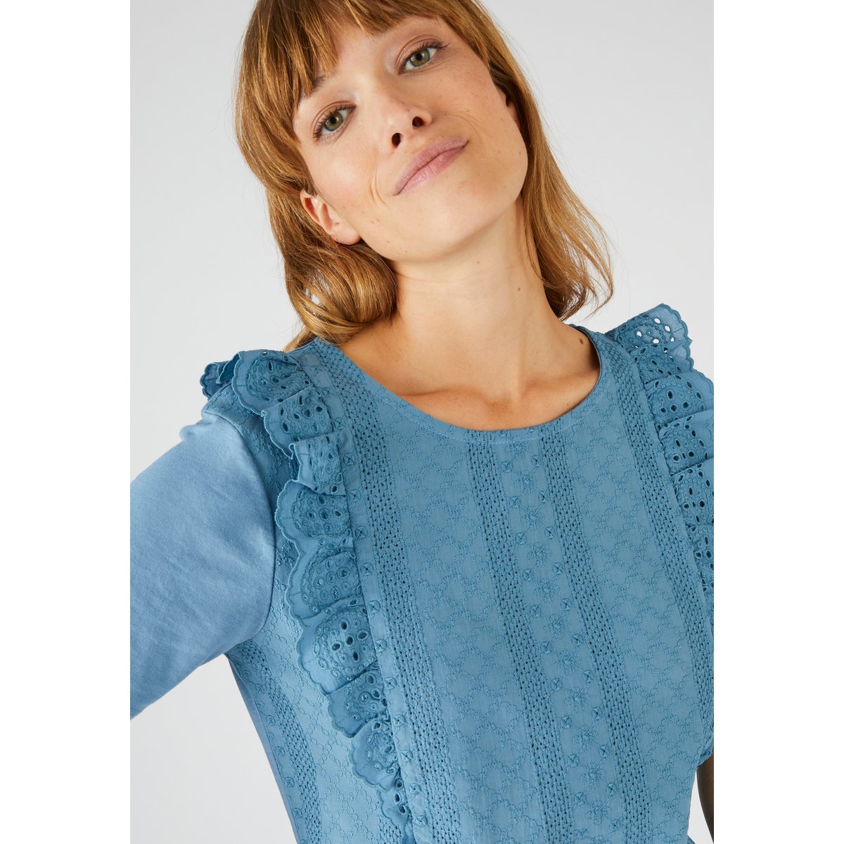 T-shirt bi-matière broderie anglaise bleu jean, DAMART