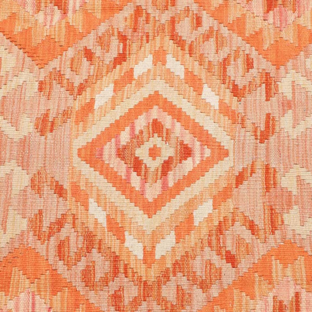 Tapis kilim géométrique, tissé plat en laine, KILIM 58 orange, beige, rouge, UN AMOUR DE TAPIS