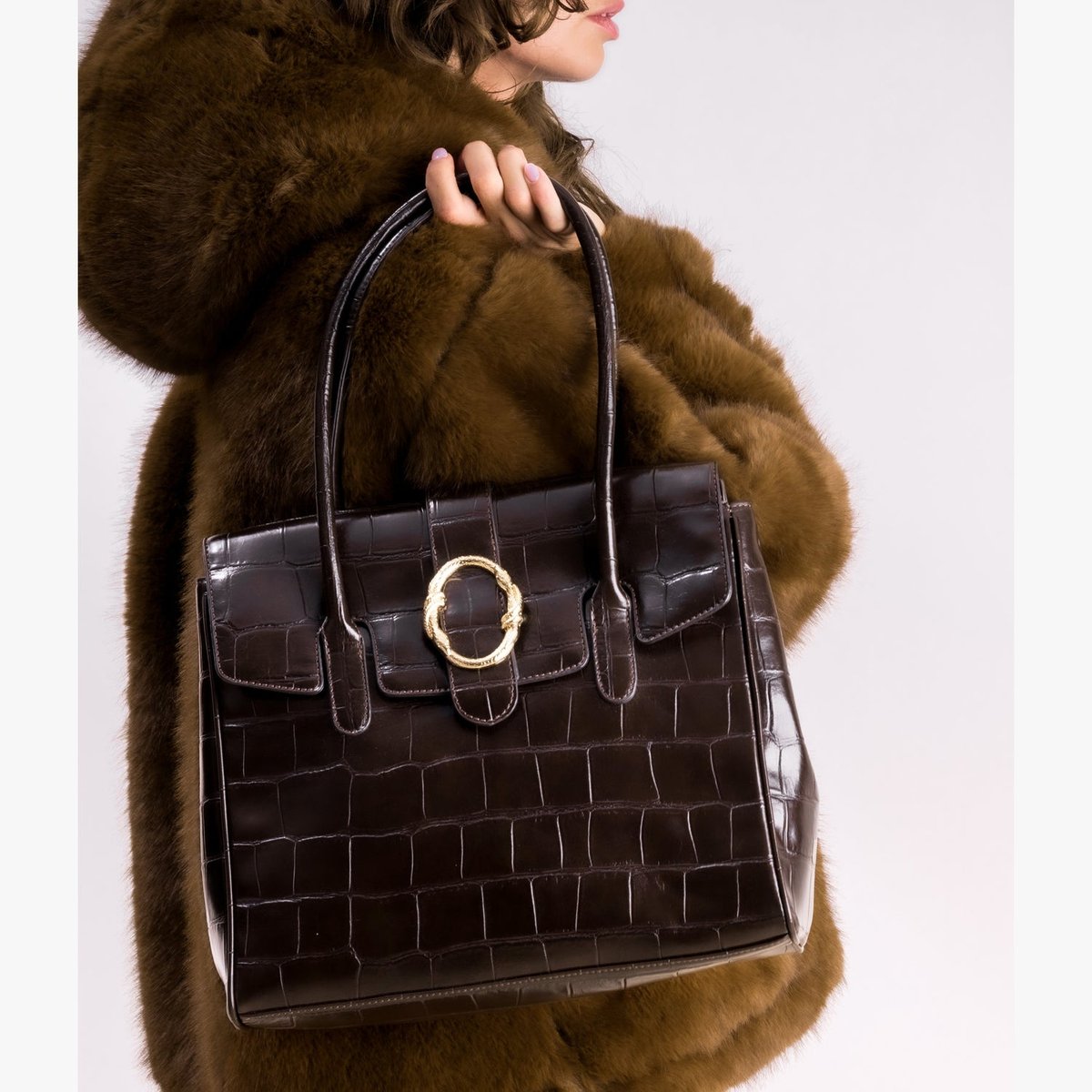 Sac À Main MADELEINE grand sac à main boucle serpent marron fonce, BOCAGE