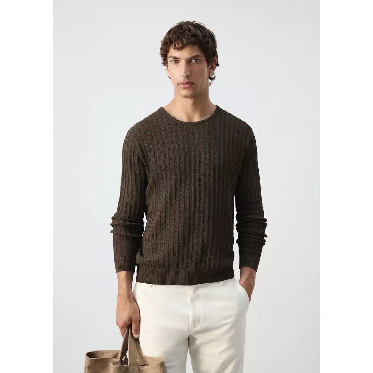 Pull en mélange de coton et lin côtelé marron, MANGO MAN