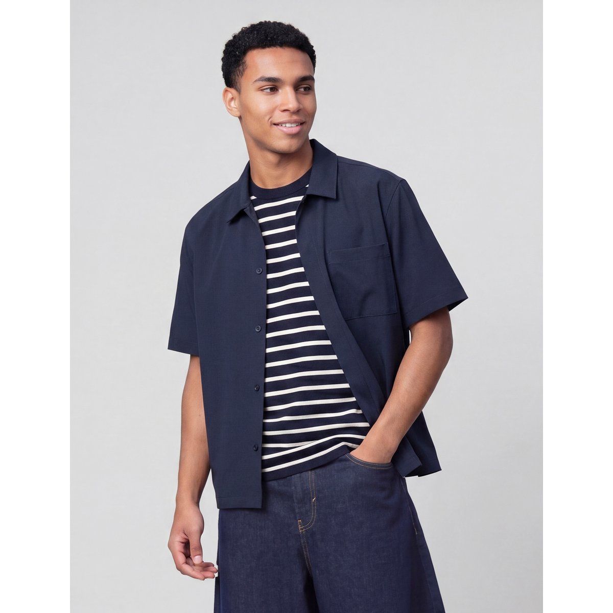 Chemise zippée manches courtes bleu foncé, BZB