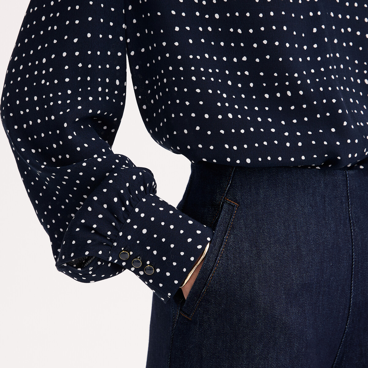 Polka Dot Viscose V-Neck Long Sleeve Blouse printed pea navy blue background, ANNE WEYBURN