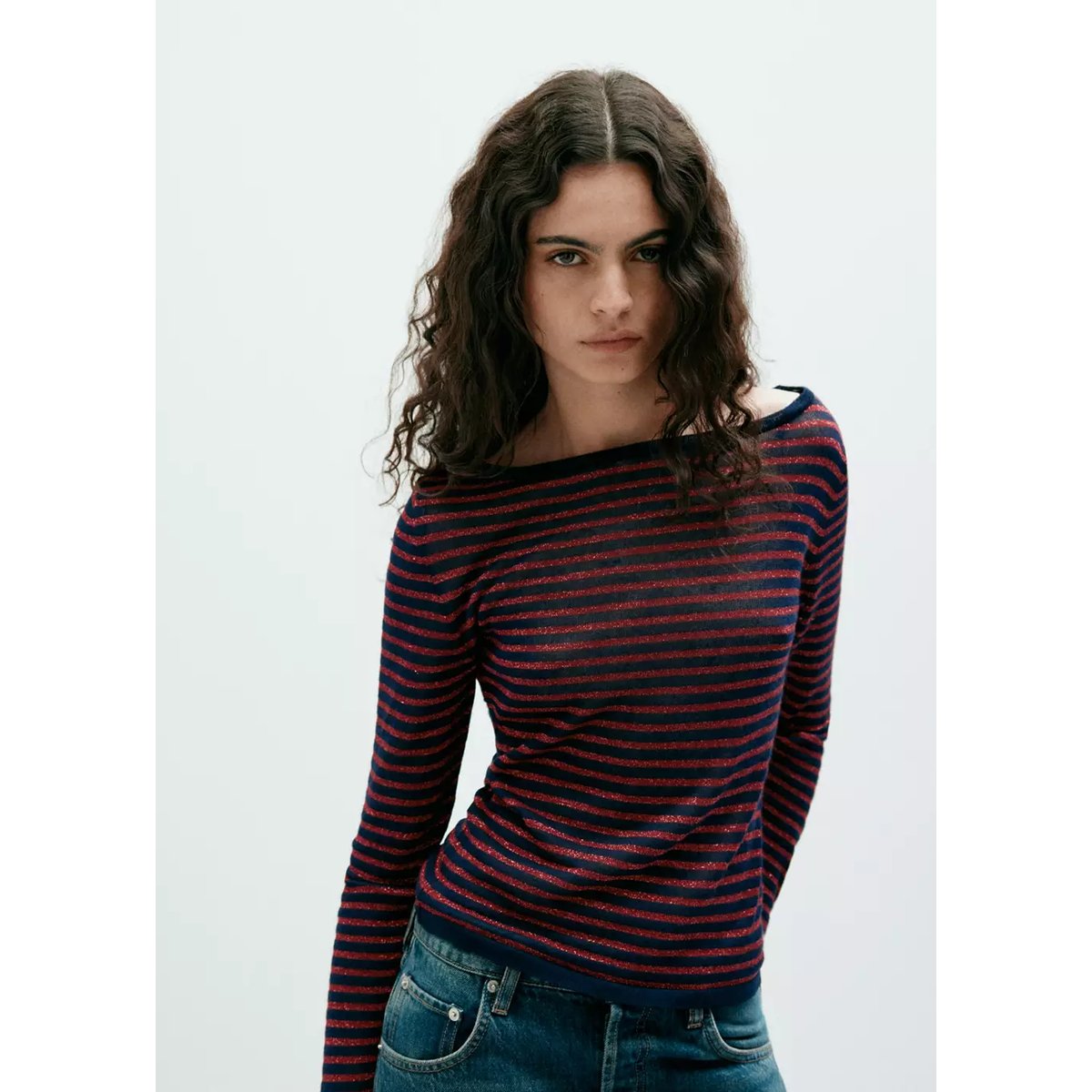 Pull-over à rayures fil textile bleu marine, MANGO