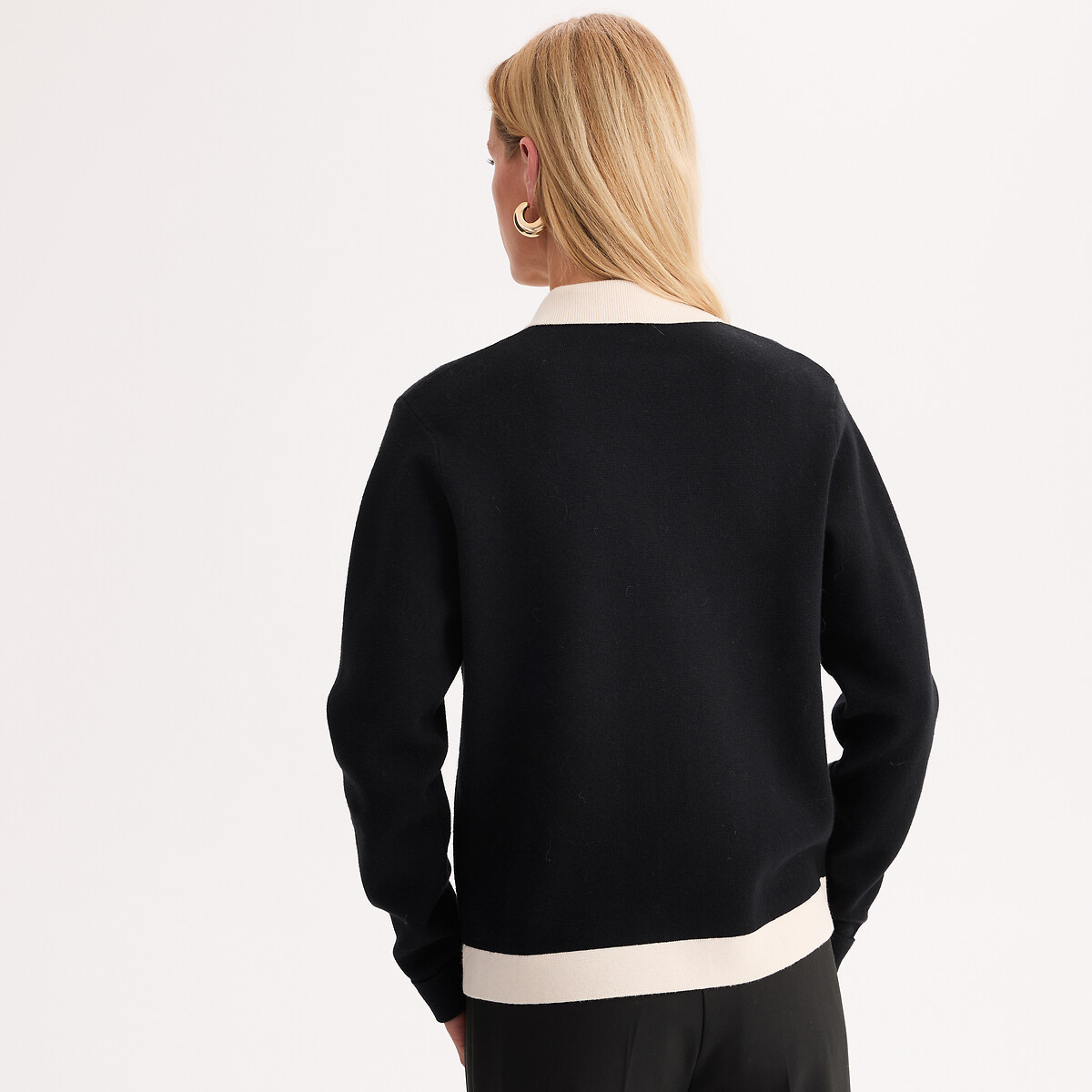 Two-Tone Cotton/Wool Blend Polo Collar Cardigan black/ecru, ANNE WEYBURN