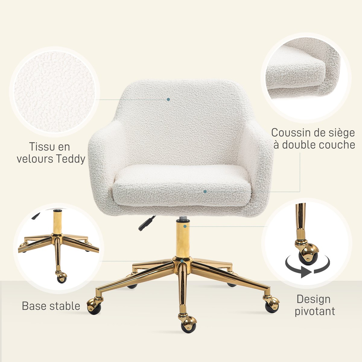 Chaise de bureau Polyester Blanc crème, doré, HOMCOM