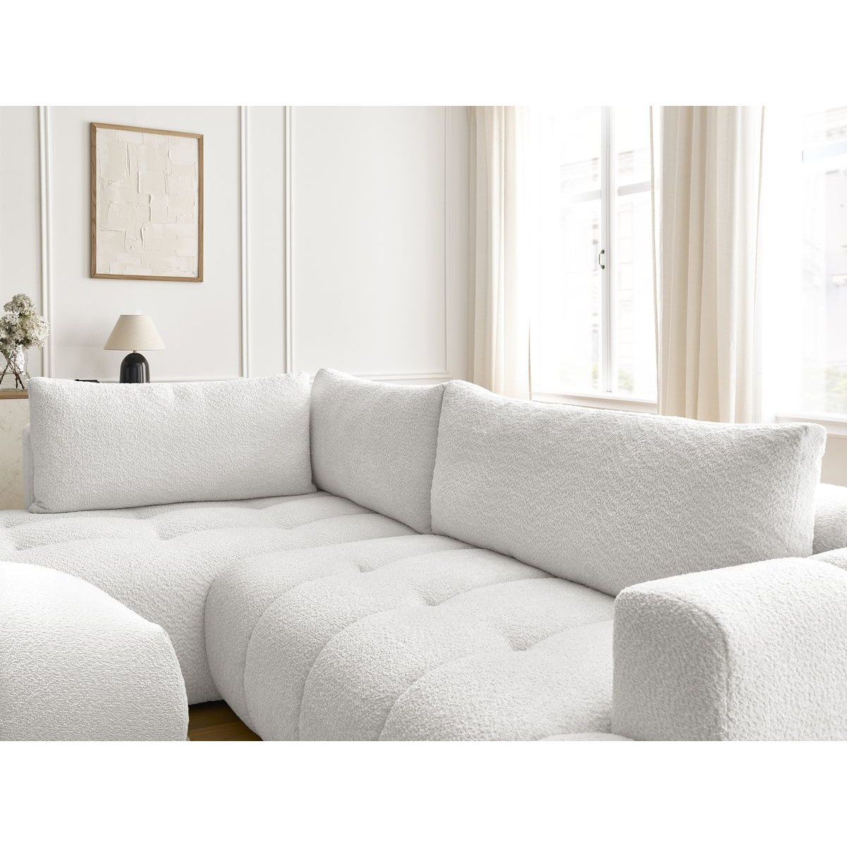 Canapé d'angle convertible 4 places en tissu bouclette avec pouf, FUJI blanc, BOBOCHIC