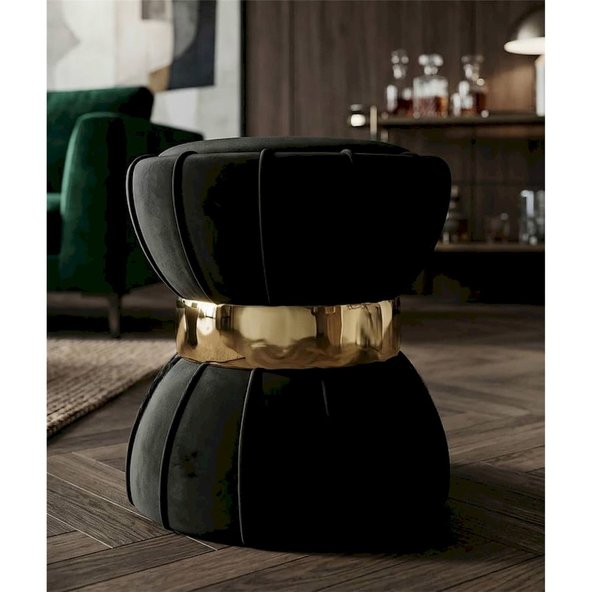 Tabouret sablier assise douce et chic GLAM noir et doré, RECOLLECTION
