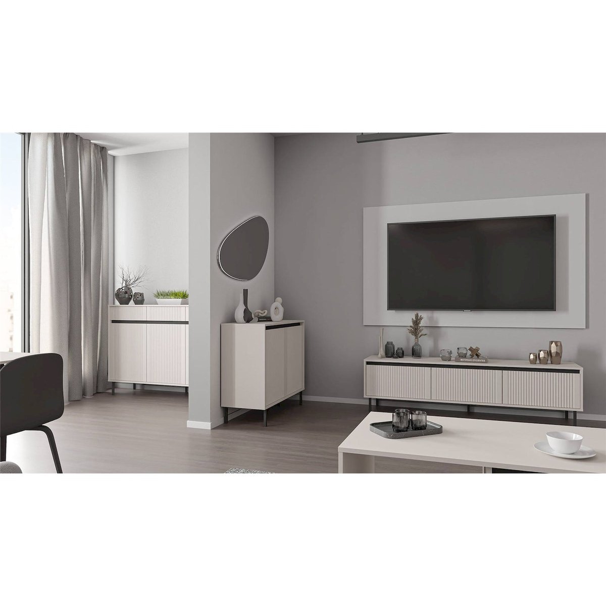 Commode bois rainurée collection OSAKA beige sable, RECOLLECTION